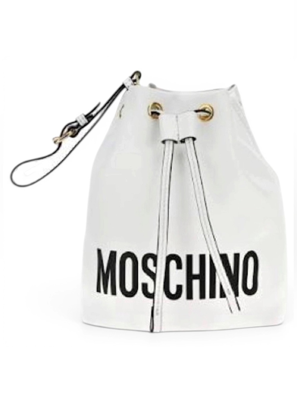 MOSCHINO Logo Bucket Bag Drawstring Wristlet White w/ Black Lettering LIKE NEW